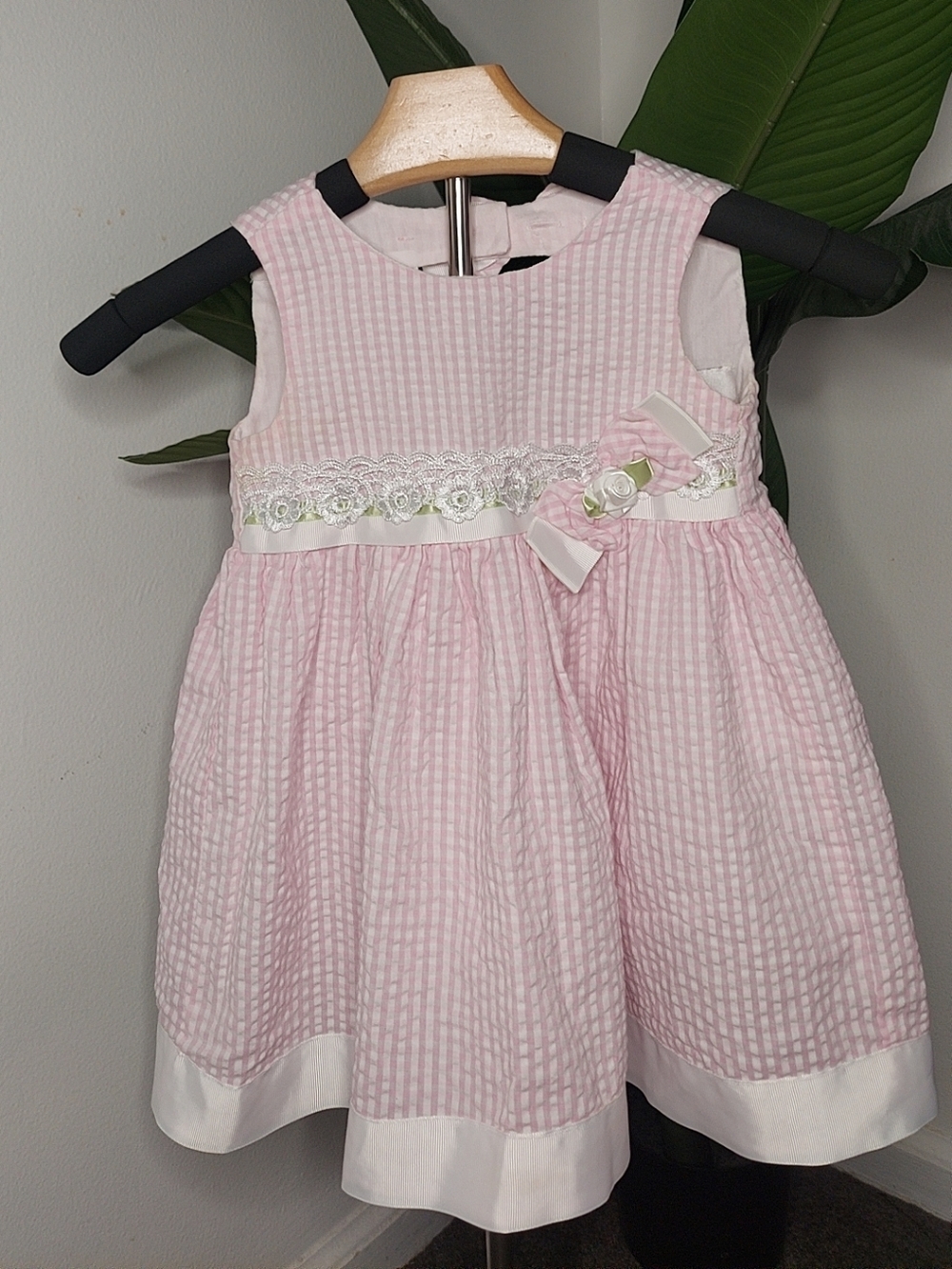 Rare Editions Pink and White Seersucker Dress with Rosette Trim